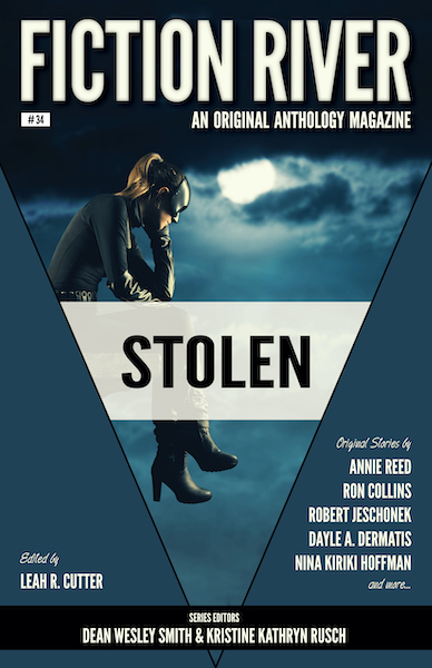 Cover of Fiction River anthology magazine, Stolen" Girl with mask sitting in the clouds looking downward.